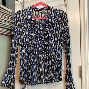 Worthington Blue and White Ruffled Long Sleeve Blouse Size L